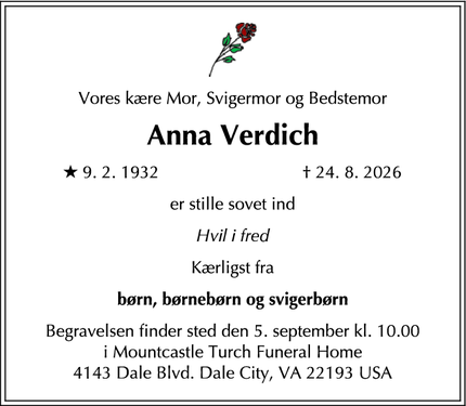 Dødsannoncen for Anna Verdich - Gilleleje