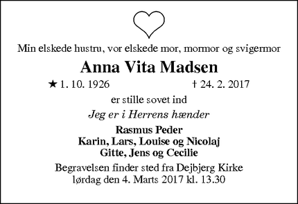 Dødsannoncen for Anna Vita Madsen - Skjern