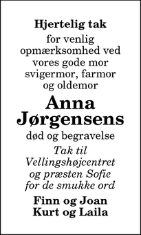 Taksigelsen for Anna
Jørgensen - Sindal