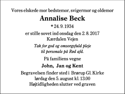 Dødsannoncen for Annalise Beck - Brørup