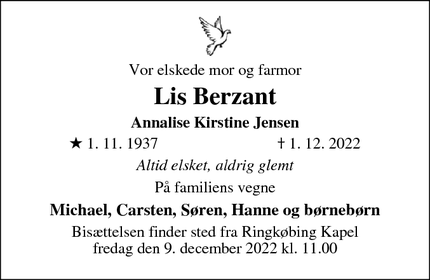 Dødsannoncen for Lis Berzant - København Ø