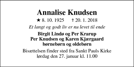 Dødsannoncen for Annalise Knudsen - Aarhus
