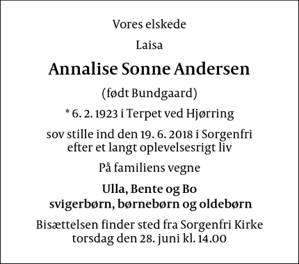 Dødsannoncen for Annalise Sonne Andersen - 2830 virum