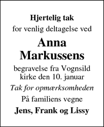 Dødsannoncen for Anna
Markussens - Vognsild
