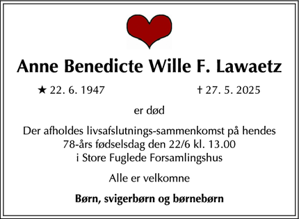 Dødsannoncen for Anne Benedicte Wille F. Lawaetz - Holbæk