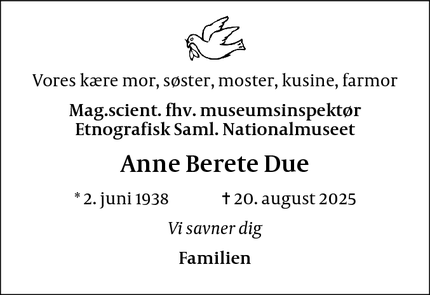 Dødsannoncen for Anne Berete Due - Charlottenlund