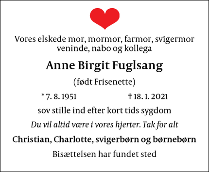 Dødsannoncen for Anne Birgit Fuglsang - Bagsværd