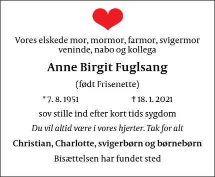 Dødsannoncen for Anne Birgit Fuglsang - Bagsværd