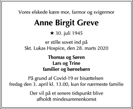 Dødsannoncen for Anne Birgit Greve - Bagsværd