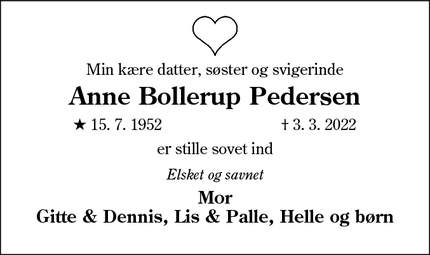 Dødsannoncen for Anne Bollerup Pedersen - Guderup