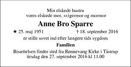 Dødsannoncen for Anne Bro Sparre - Taastrup