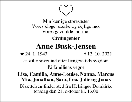 Dødsannoncen for Anne Busk-Jensen - Helsingør