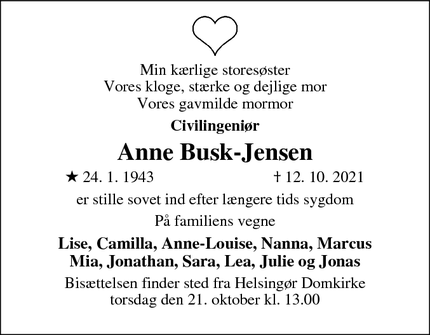 Dødsannoncen for Anne Busk-Jensen - Helsingør