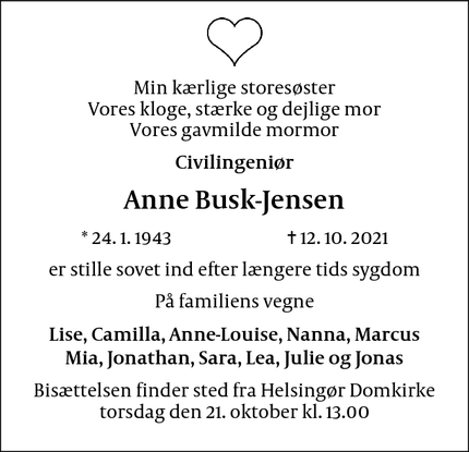 Dødsannoncen for Anne Busk-Jensen - Helsingør
