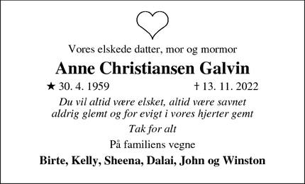 Dødsannoncen for Anne Christiansen Galvin - Gilleleje