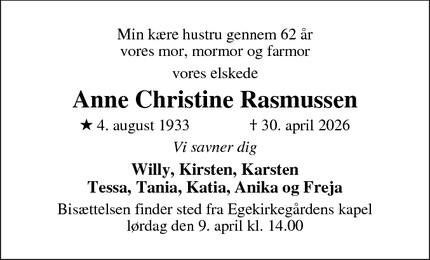 Dødsannoncen for Anne Christine Rasmussen - Holstebro