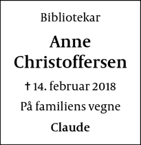 Dødsannoncen for Anne Christoffersen - Rødvig, Stevns