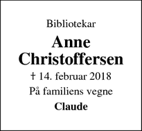 Dødsannoncen for Anne Christoffersen - Rødvig, Stevns