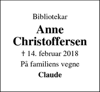 Dødsannoncen for Anne Christoffersen - Rødvig, Stevns