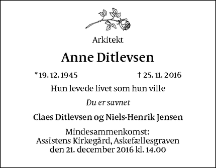 Dødsannoncen for Anne Ditlevsen - Frederiksberg