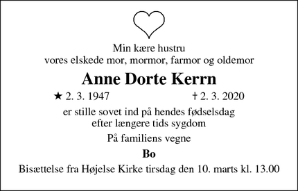 Dødsannoncen for Anne Dorte Kerrn - Lille Skensved