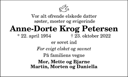 Dødsannoncen for Anne-Dorte Krog Petersen - Ålestrup