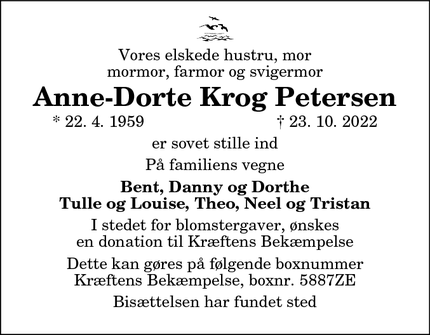 Dødsannoncen for Anne-Dorte Krog Petersen - Aalestrup