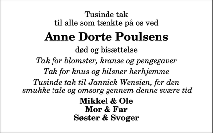 Taksigelsen for Anne Dorte Poulsens - Bedsted Thy