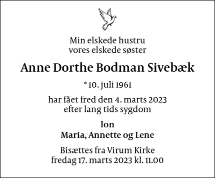 Dødsannoncen for Anne Dorthe Bodman Sivebæk - Cedervænget 41, 3tv, 2830 Virum