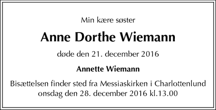 Dødsannoncen for Anne Dorthe Wiemann  - Charlottenlund