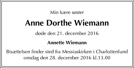 Dødsannoncen for Anne Dorthe Wiemann  - Charlottenlund