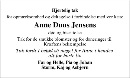 Dødsannoncen for Anne Duus Jensens - København