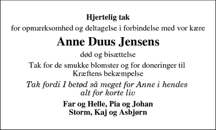 Dødsannoncen for Anne Duus Jensens  - København