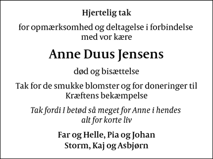 Dødsannoncen for Anne Duus Jensens  - København