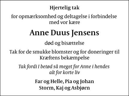 Dødsannoncen for Anne Duus Jensens - København