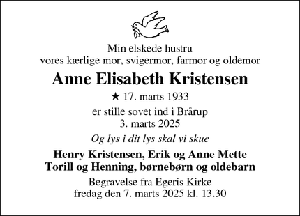 Dødsannoncen for Anne Elisabeth Kristensen - Skive