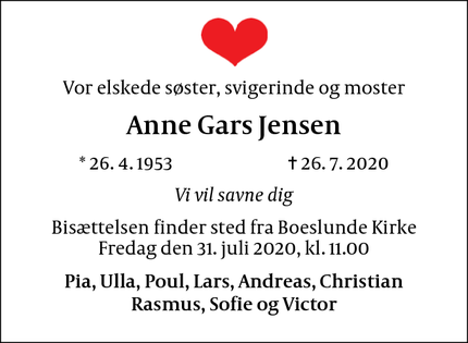 Dødsannoncen for Anne Gars Jensen - Boeslunde