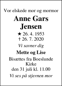 Dødsannoncen for Anne Gars Jensen - Boeslunde