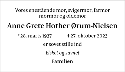 Dødsannoncen for Anne Grete Hother Ørum-Nielsen - kbh k