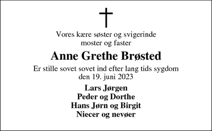 Dødsannoncen for Anne Grethe Brøsted - Bording