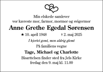 Dødsannoncen for Anne Grethe Egedal Sørensen - Jels