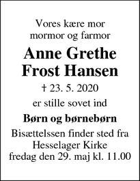 Dødsannoncen for Anne Grethe Frost Hansen - Hesselager