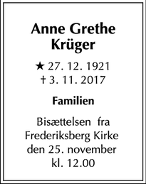 Dødsannoncen for Anne Grethe Krüger - Albertslund