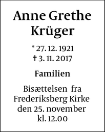 Dødsannoncen for Anne Grethe Krüger - Albertslund