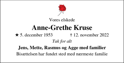 Dødsannoncen for Anne-Grethe Kruse - Præstø