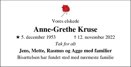 Dødsannoncen for Anne-Grethe Kruse - Præstø