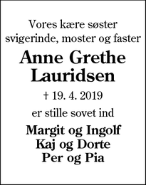 Dødsannoncen for Anne Grethe Lauridsen - Esbjerg