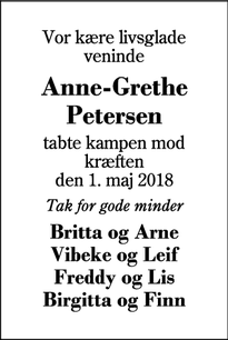 Dødsannoncen for Anne-Grethe Petersen - Herning