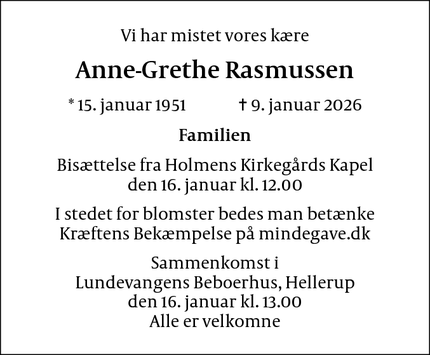 Dødsannoncen for Anne-Grethe Rasmussen - Hellerup/København
