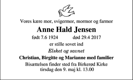 Dødsannoncen for Anne Hald Jensen - Birkerød